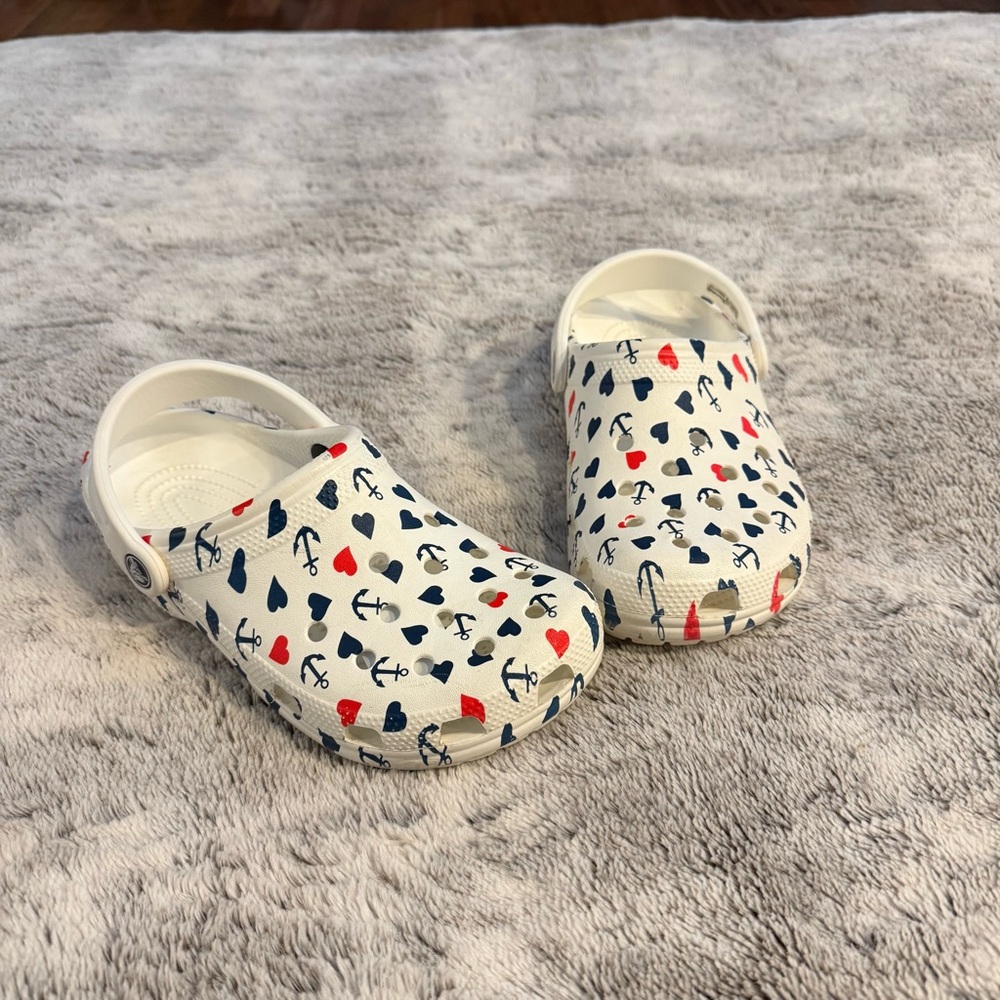 CROCS White With Red and Blue Heart and Blue Anchors, lightly used